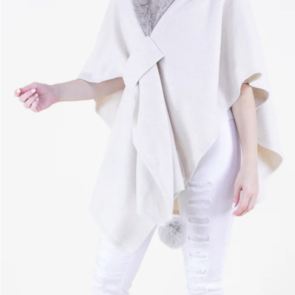 Chic Cream Cape with plush vegan trim /front cross tuck beige.